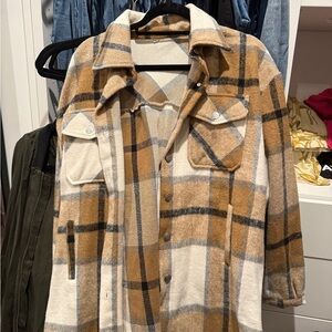 Cream and Black colored button down Flannel Jacket